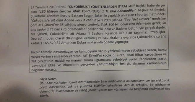 “ÇUKOBİRLİK’İ YÖNETENLERDEN İTİRAFLAR” HABERİNE AÇIKLAMA VAR