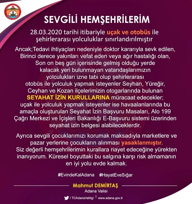 VALİ DEMİRTAŞ’TAN ADANALILARA ÇAĞRI VAR