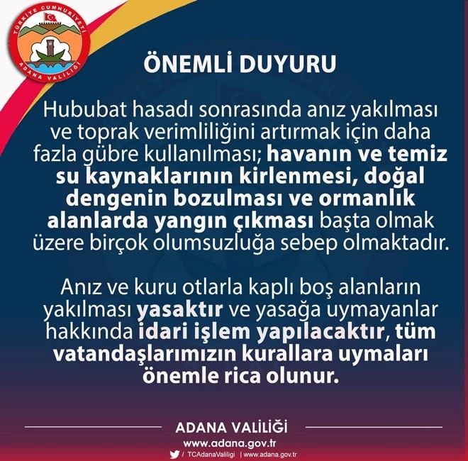 ADANA VALİLİĞİNDEN ANIZ UYARISI