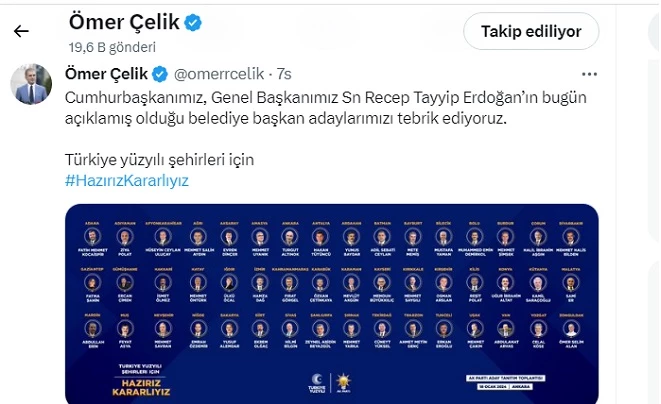 ÖMER ÇELİK’TEN BELEDİYE ADAYLARINA KUTLAMA