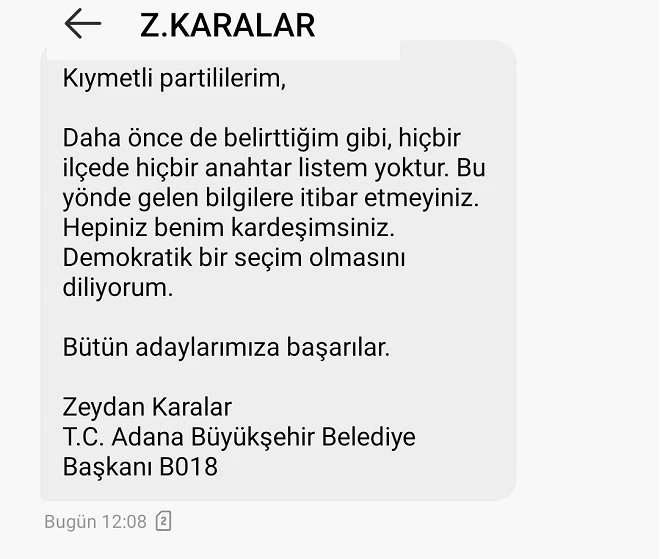 ZEYDAN KARALAR’DAN ÖNSEÇİM SMS’İ